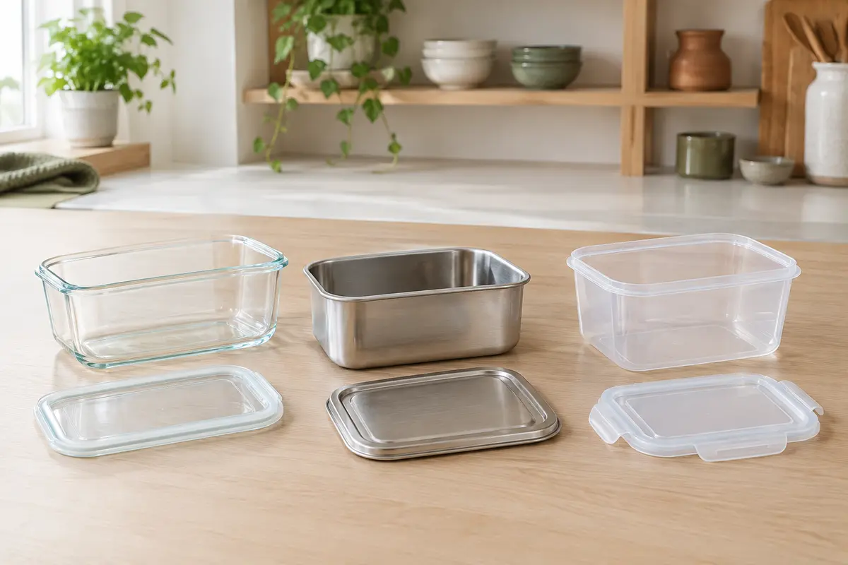 Boîtes de conservation en verre, en inox et en plastique avec leurs couvercles posés à côté.