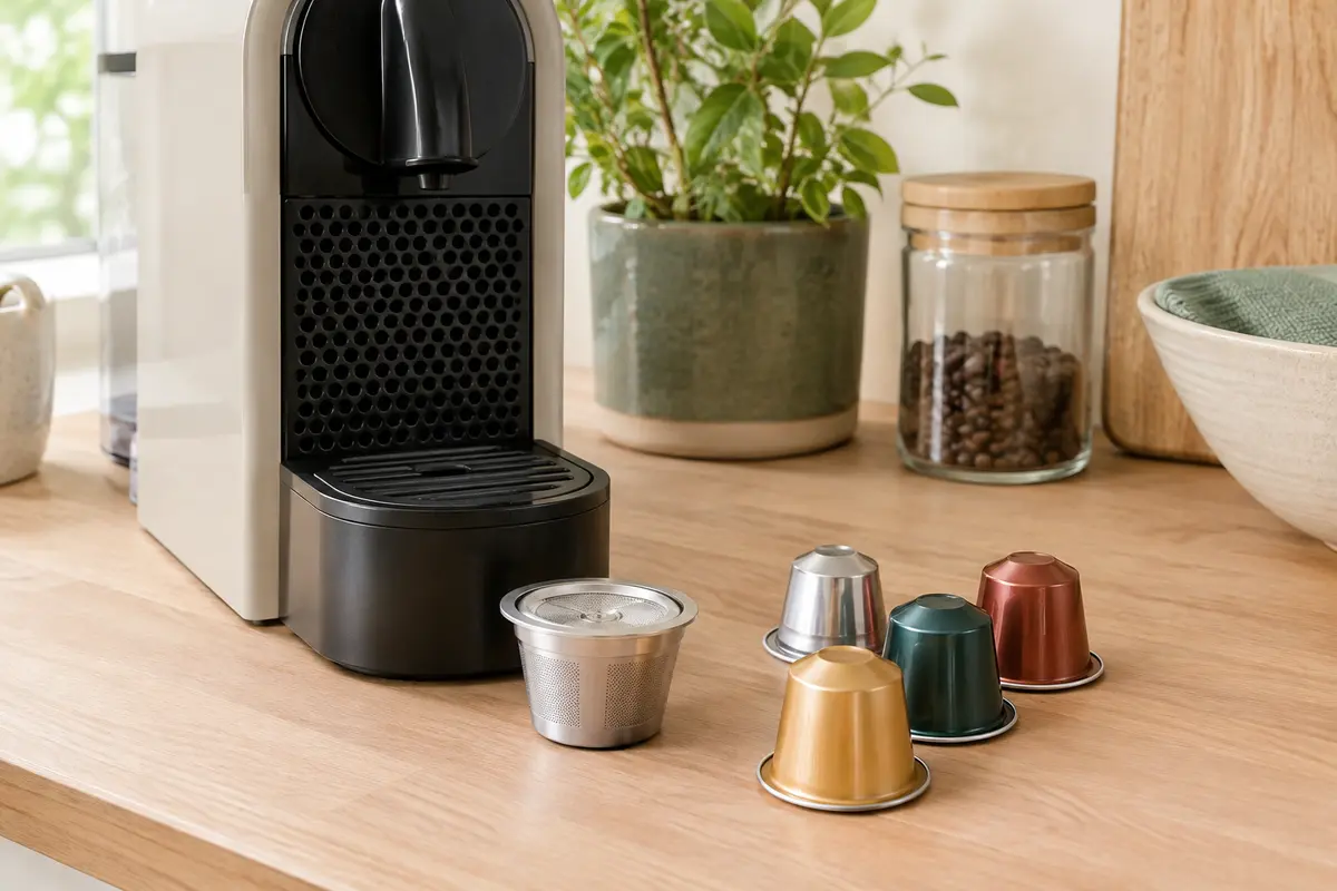 Machine à café à capsules et capsules réutilisables de formats différents sur un plan de travail