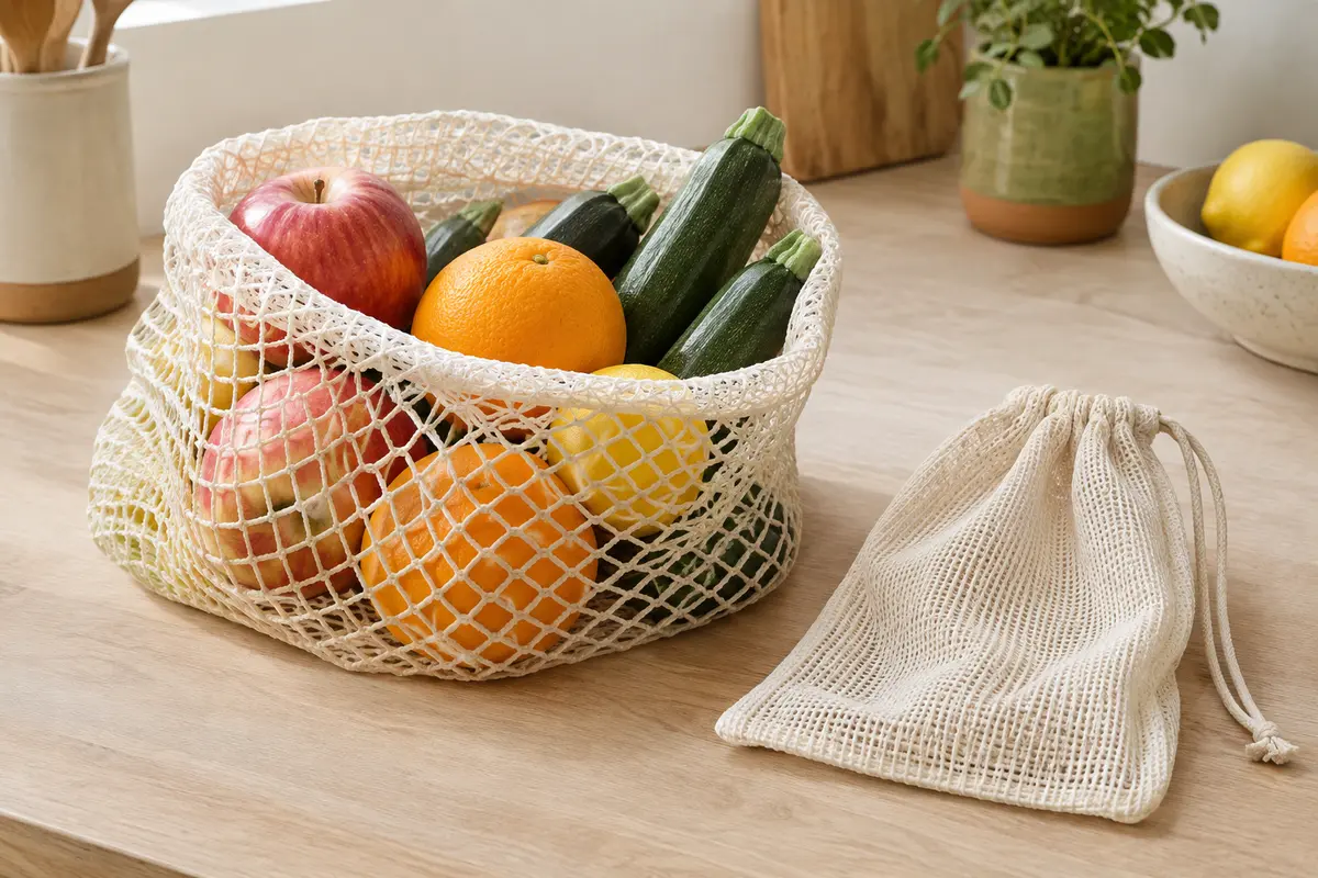 Deux filets réutilisables de mailles différentes, avec des fruits et légumes fermes disposés sans être comprimés.
