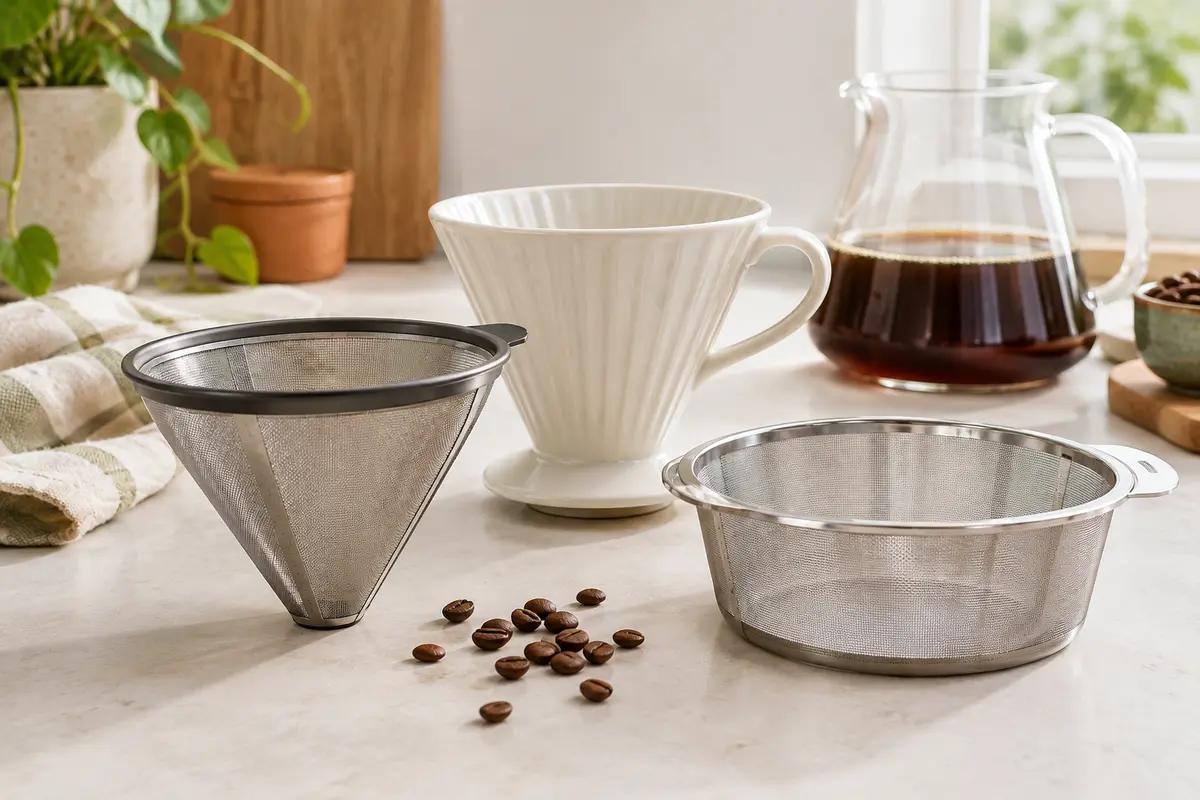 Filtre à café réutilisable en maille métallique comparé à un porte-filtre conique et à un panier plat