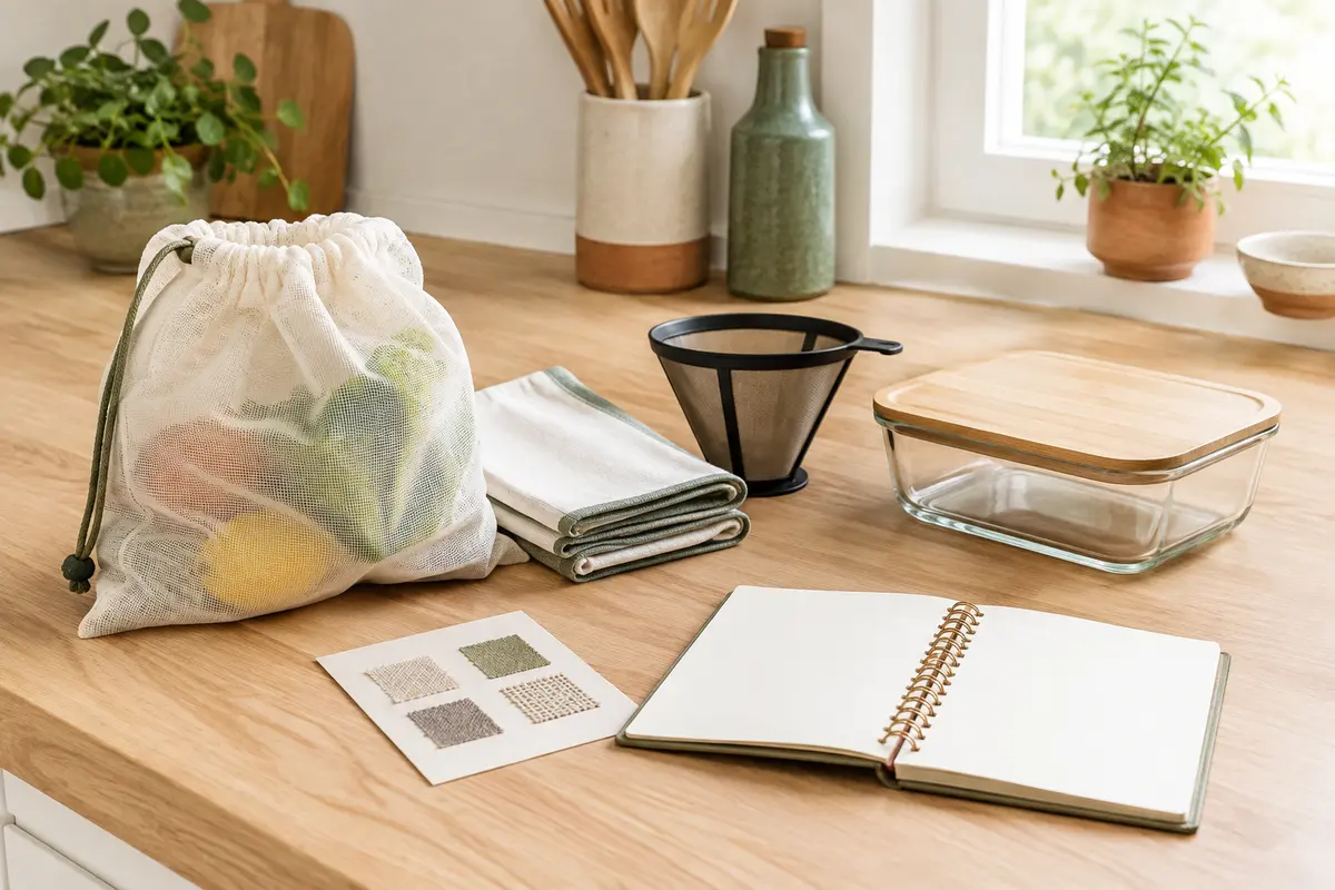 Accessoires réutilisables de cuisine disposés pour examiner leurs matériaux et leurs consignes d’entretien