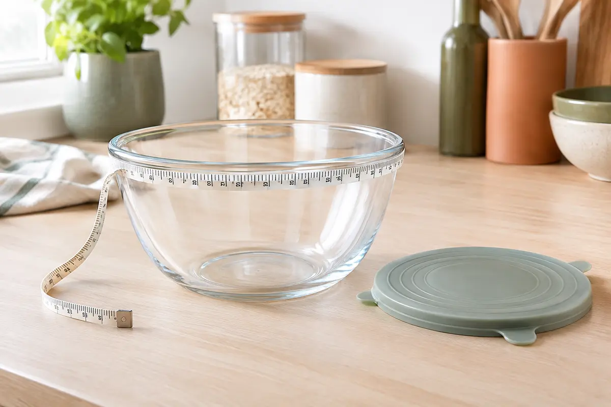 Mesure du bord extérieur d’un bol en verre avec un mètre ruban, près d’un couvercle extensible en silicone.