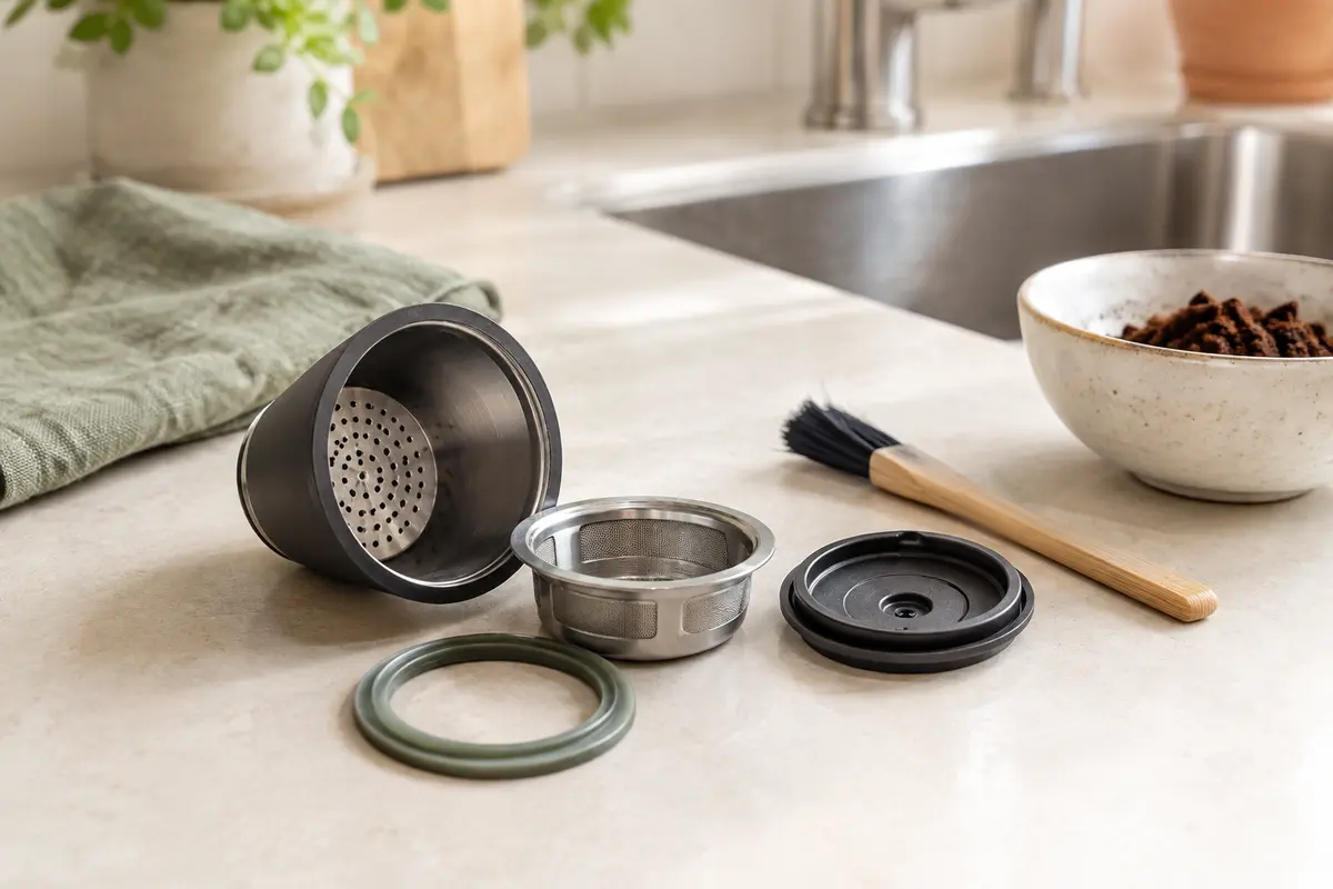 Capsule de café réutilisable ouverte, joint et pièces visibles près d’une brosse douce.