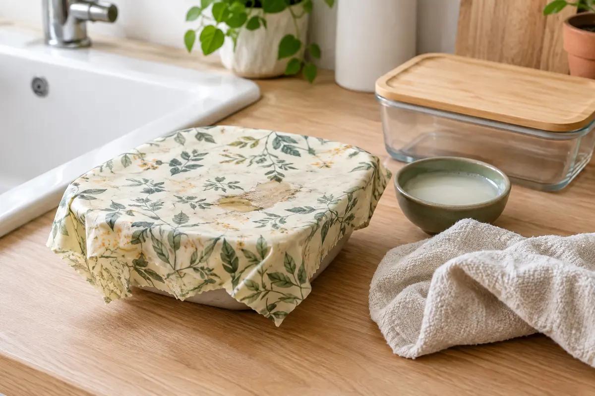 Emballage à la cire près d’un évier, d’un linge doux et d’une boîte de conservation