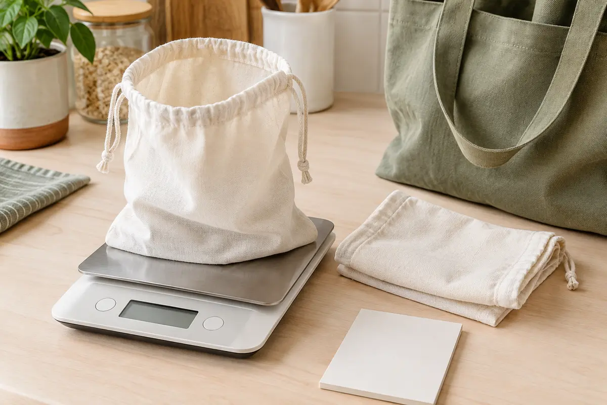 Un sac à vrac en coton vide posé sur une balance de cuisine avant les courses