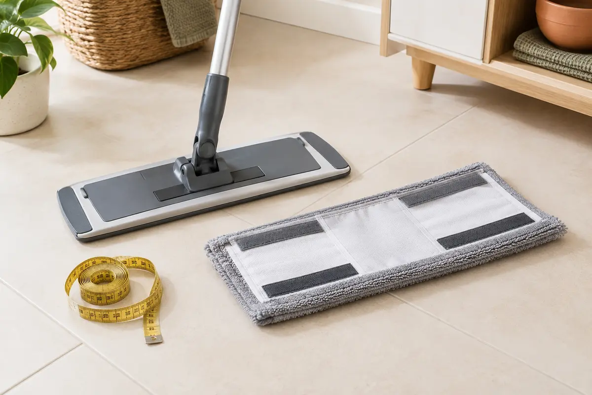 Balai plat et recharge textile détachée avec un mètre ruban pour comparer leurs dimensions.