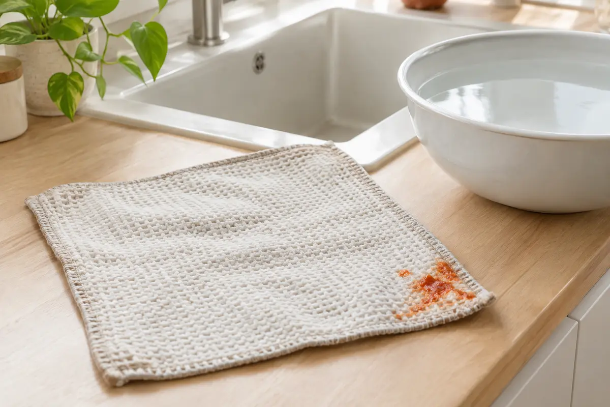 Essuie-tout lavable en tissu avec une petite tache près d’un évier, prêt à être rincé