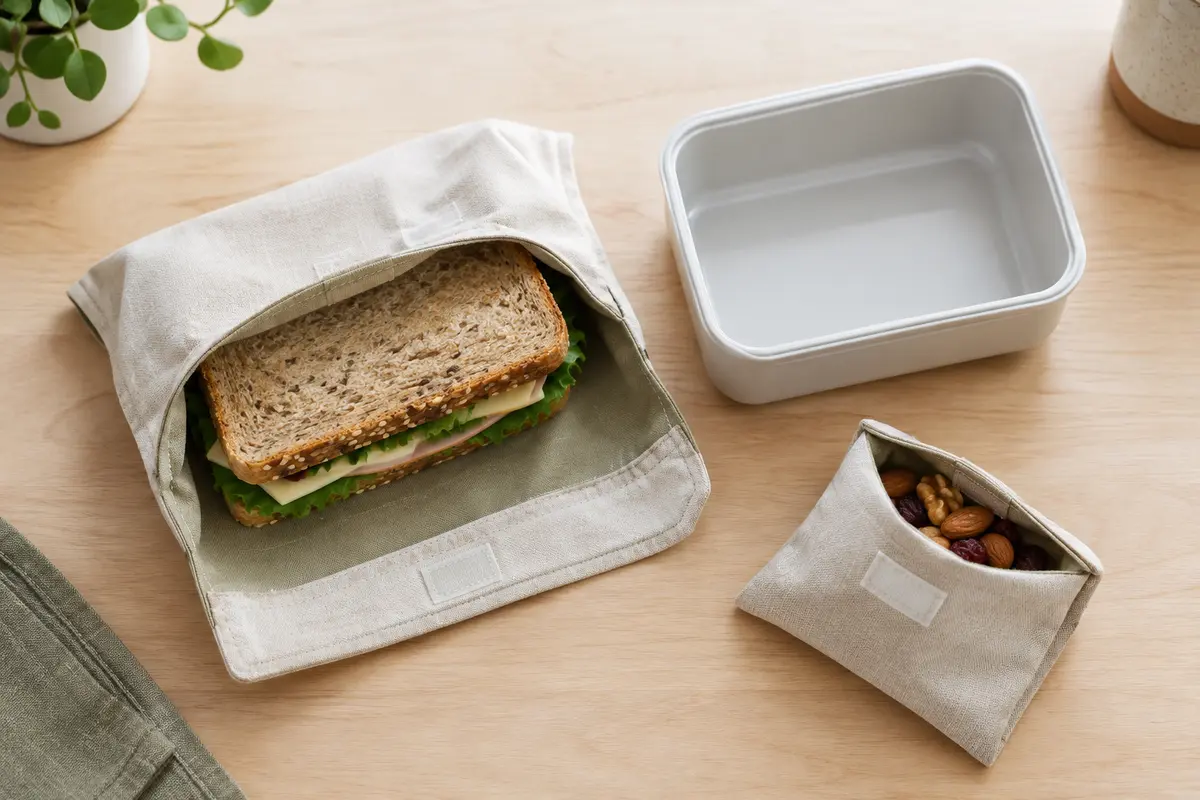 Pochette réutilisable contenant un sandwich à côté d’une boîte de transport et d’un sac de goûter compact