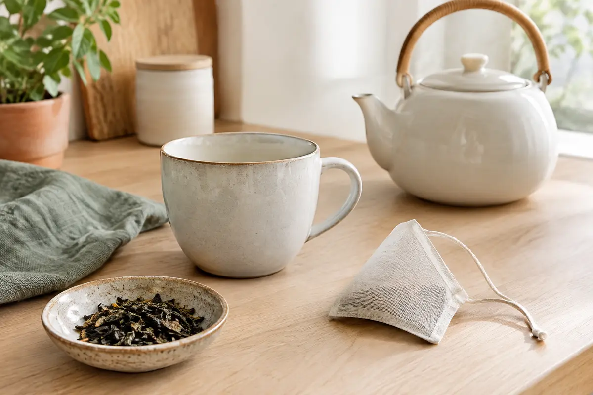Tasse, feuilles de thé et sachet d’infusion réutilisable posés sur un plan de cuisine