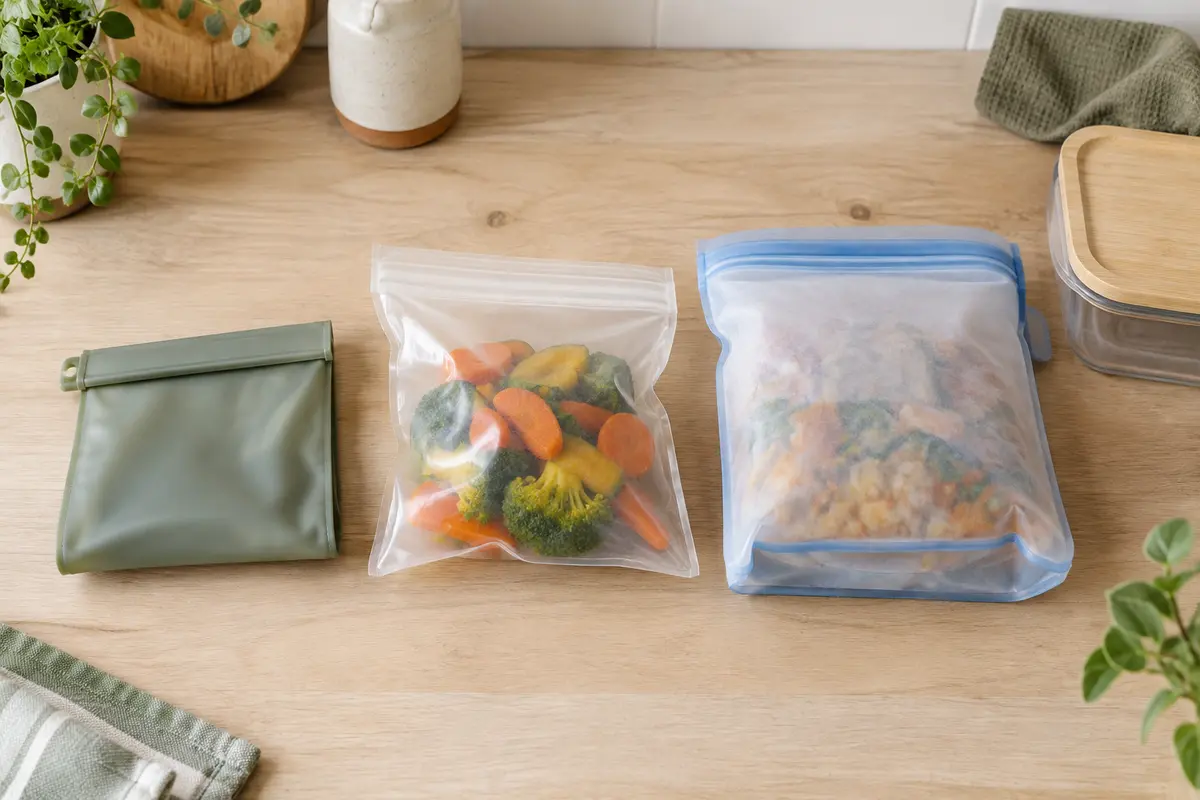 Trois formats de sacs alimentaires réutilisables comparés sur un plan de travail de cuisine