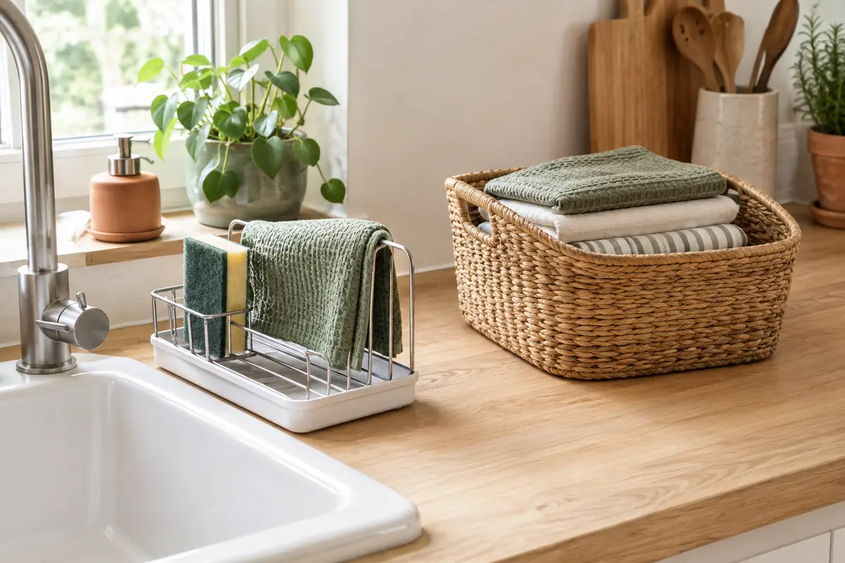 Dans une petite cuisine, une éponge et une lavette sèchent à part d’un panier de textiles propres.
