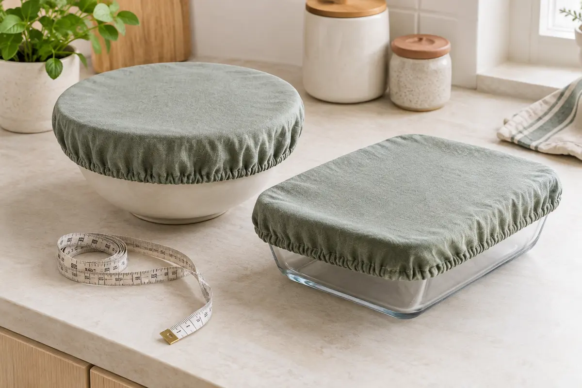 Saladier et plat couverts de charlottes en tissu, avec un mètre ruban pour comparer leurs dimensions.