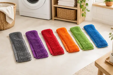 Six housses de balai plat en microfibre et chenille, de couleurs variées, posées sur un sol clair.