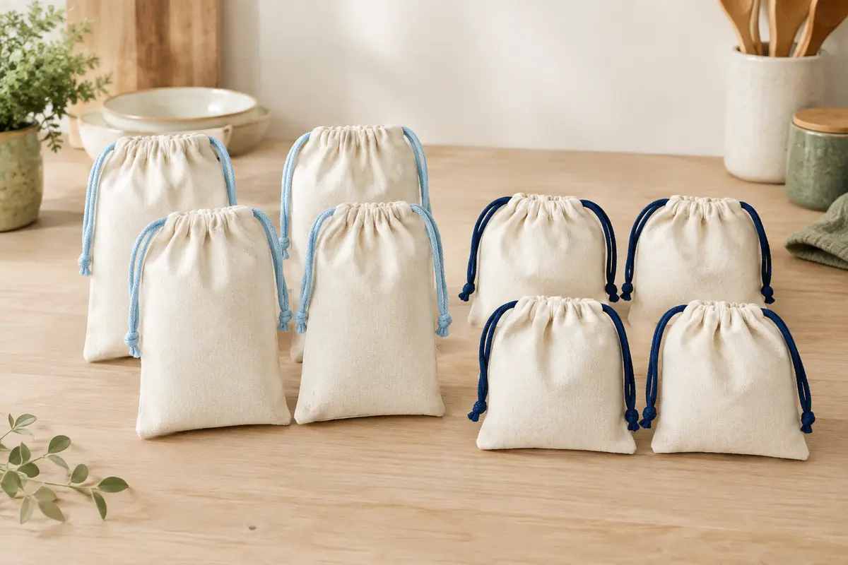 Huit sacs en coton écru avec cordons bleus, répartis entre deux formats sur un plan de travail en bois.