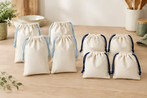 Huit sacs en coton écru avec cordons bleus, répartis entre deux formats sur un plan de travail en bois.