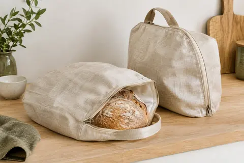 Deux sacs à pain beiges en coton et lin, l’un ouvert près d’une miche sur un plan de travail.