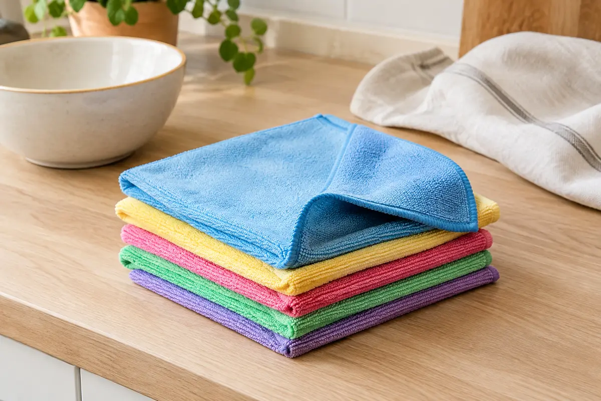 Lot de lavettes en microfibre multicolores pliées sur un plan de travail en bois clair