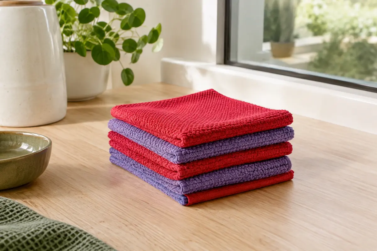 Lot de chiffons microfibre rouge et violet pliés sur un plan de travail en bois clair