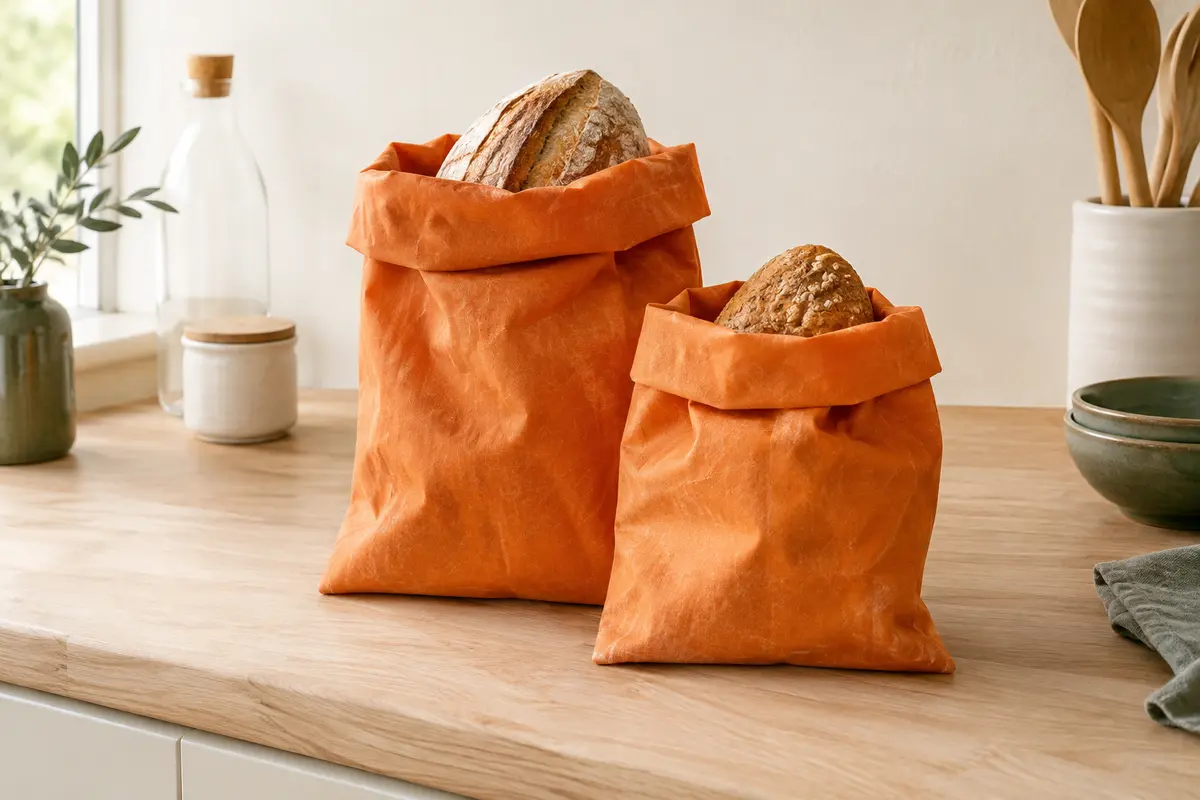 Deux sacs à pain orange en coton enduit de cire d’abeille posés sur un plan de travail en bois clair.