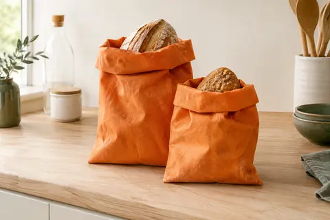 Deux sacs à pain orange en coton enduit de cire d’abeille posés sur un plan de travail en bois clair.