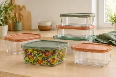 Boîtes alimentaires transparentes avec couvercles, empilées sur un plan de travail de cuisine