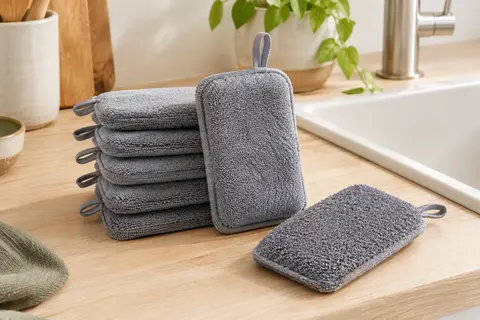 Six éponges lavables grises en microfibre, avec une face douce et une face grattante, près d’un évier.
