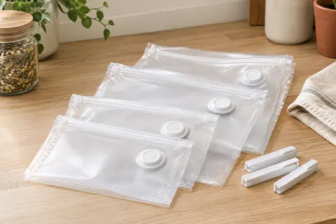 Sacs sous vide transparents à valve et pinces posés sur un plan de travail en bois clair