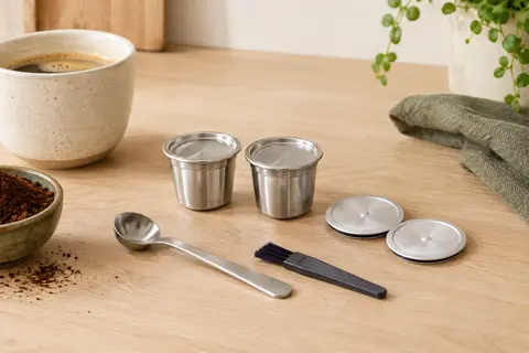 Deux capsules espresso en acier inoxydable avec couvercles aluminium et accessoires sur un plan de cuisine clair