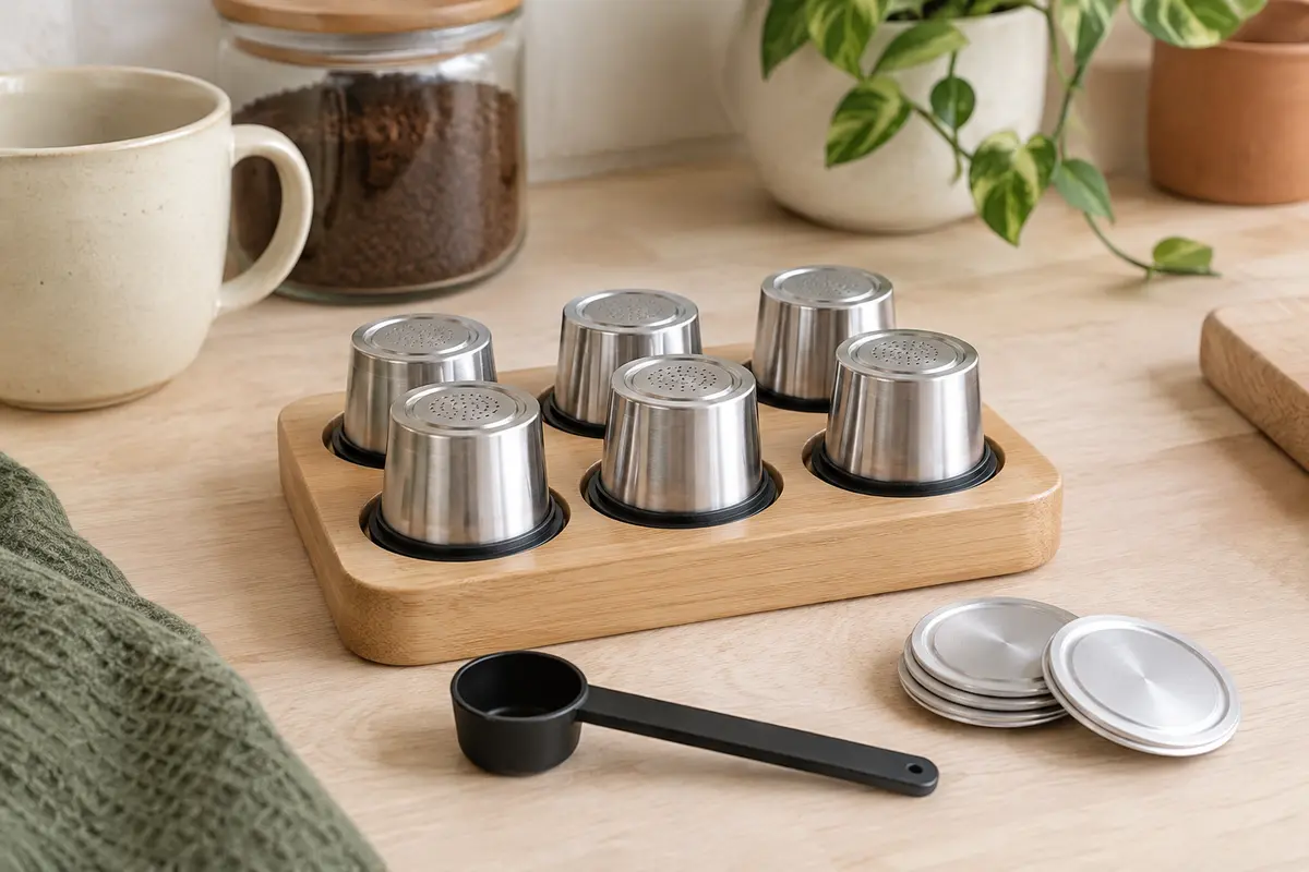 Six capsules de café argentées rangées dans un plateau en bois avec leurs accessoires de remplissage