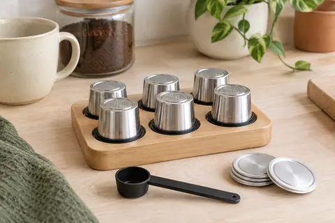 Six capsules de café argentées rangées dans un plateau en bois avec leurs accessoires de remplissage