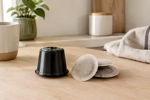 Capsule réutilisable noire en acier inoxydable accompagnée d’opercules en papier sur un plan de travail clair