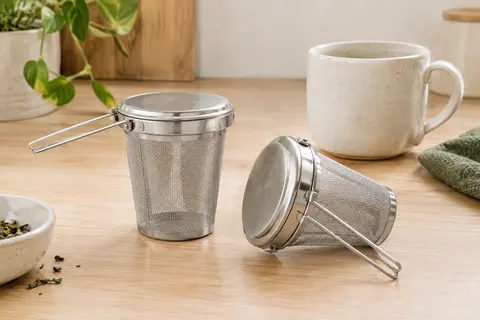 Deux filtres à thé argentés avec poignée pliable et couvercle, posés près d’une tasse en céramique.