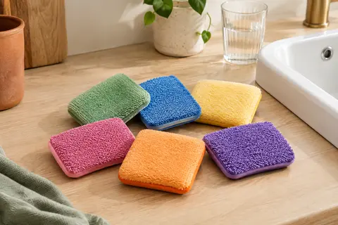 Lot d’éponges lavables multicolores en microfibre posé sur un plan de travail clair