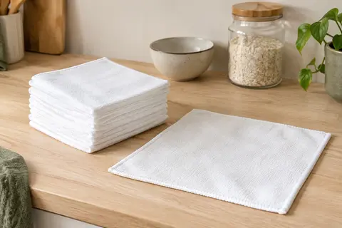 Feuilles d’essuie-tout lavables blanches en microfibre, posées sur un plan de travail en bois clair.