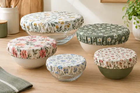 Couvre-plats en polyester à bord élastique posés sur des bols en verre et en céramique
