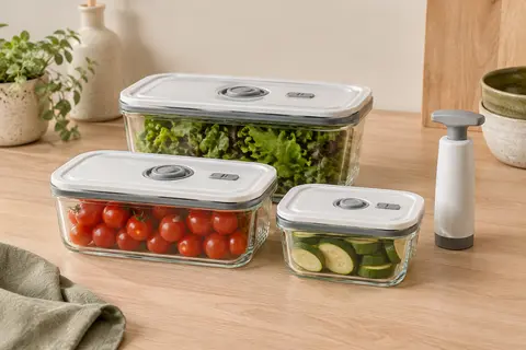 Trois boîtes de conservation en verre avec dateurs et pompe sous vide manuelle sur un plan de cuisine.
