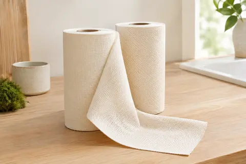 Deux rouleaux ivoire d’essuie-tout réutilisable avec une feuille dépliée sur un plan de cuisine clair.