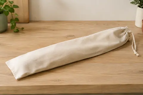 Sac à pain allongé en coton beige avec lien de serrage, posé sur un plan de travail en bois clair.