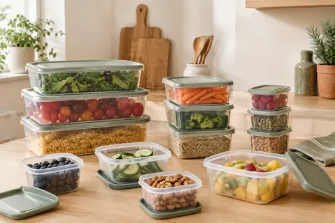 Boîtes alimentaires transparentes avec couvercles, empilées sur un plan de travail de cuisine