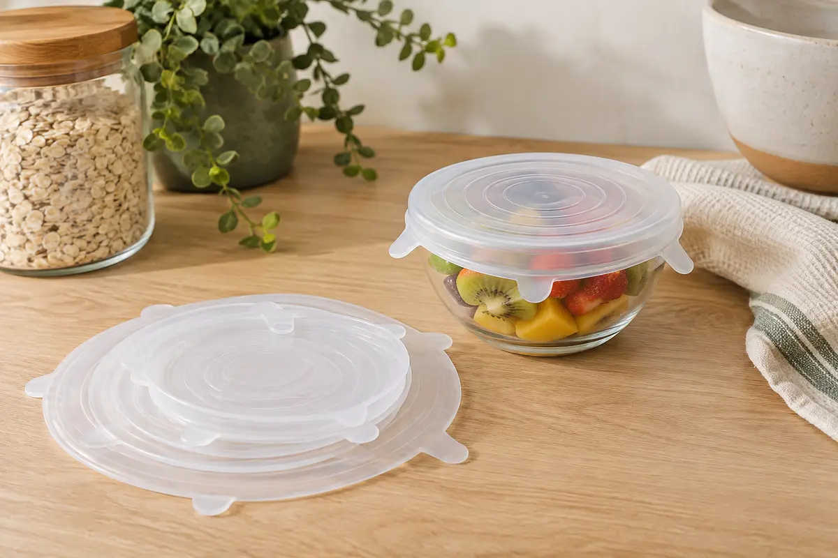 Petits couvercles extensibles en silicone clair, dont un posé sur un bol en verre dans une cuisine lumineuse.