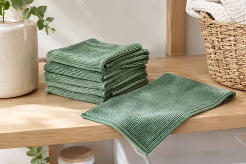Lingettes lavables vertes en microfibre présentées en pile dans une buanderie claire