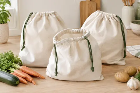 Trois sacs en coton biologique écru à cordon vert, posés sur un plan de travail avec des légumes.