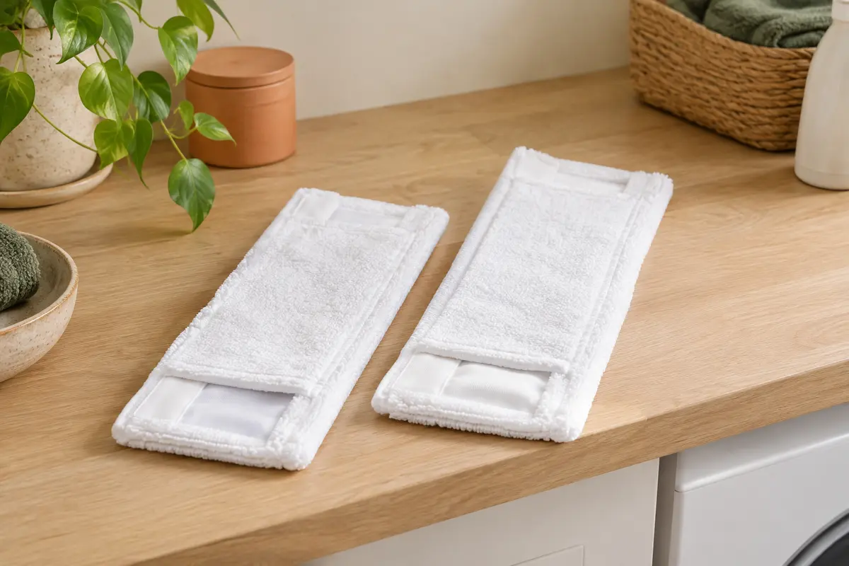 Deux housses blanches en microfibre pour balai plat, avec leurs poches latérales visibles