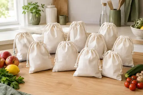 Dix sacs en coton naturel à cordon, regroupés sur une table en bois clair dans une cuisine lumineuse.