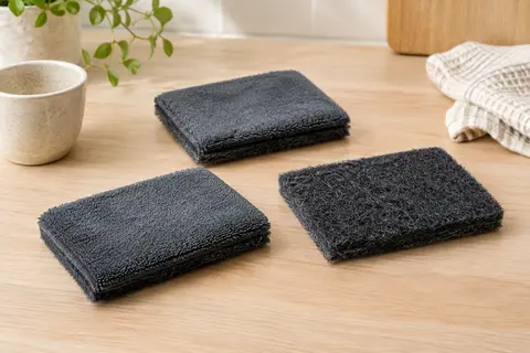 Trois éponges anthracite double face en microfibre, disposées sur un plan de travail en bois clair.