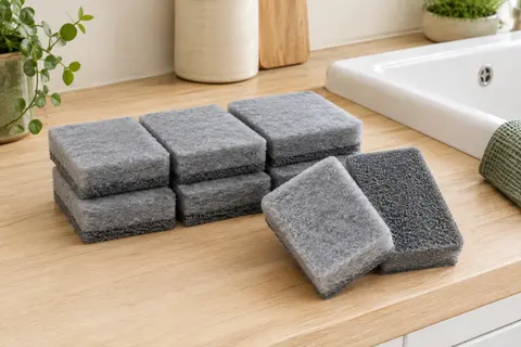 Lot de huit éponges grises rectangulaires montrant leurs faces douce et texturée sur un plan de travail