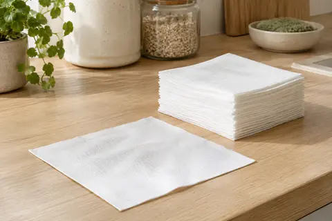 Pile de feuilles d’essuie-tout lavables blanches en bambou posée sur un plan de travail en bois clair