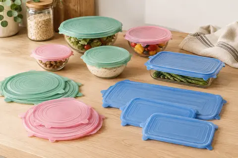 Couvercles extensibles en silicone vert, rose et bleu présentés avec des bols en verre dans une cuisine claire.