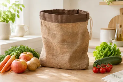 Sac à légumes en jute et coton posé sur un plan de travail clair, près de fruits et légumes frais.