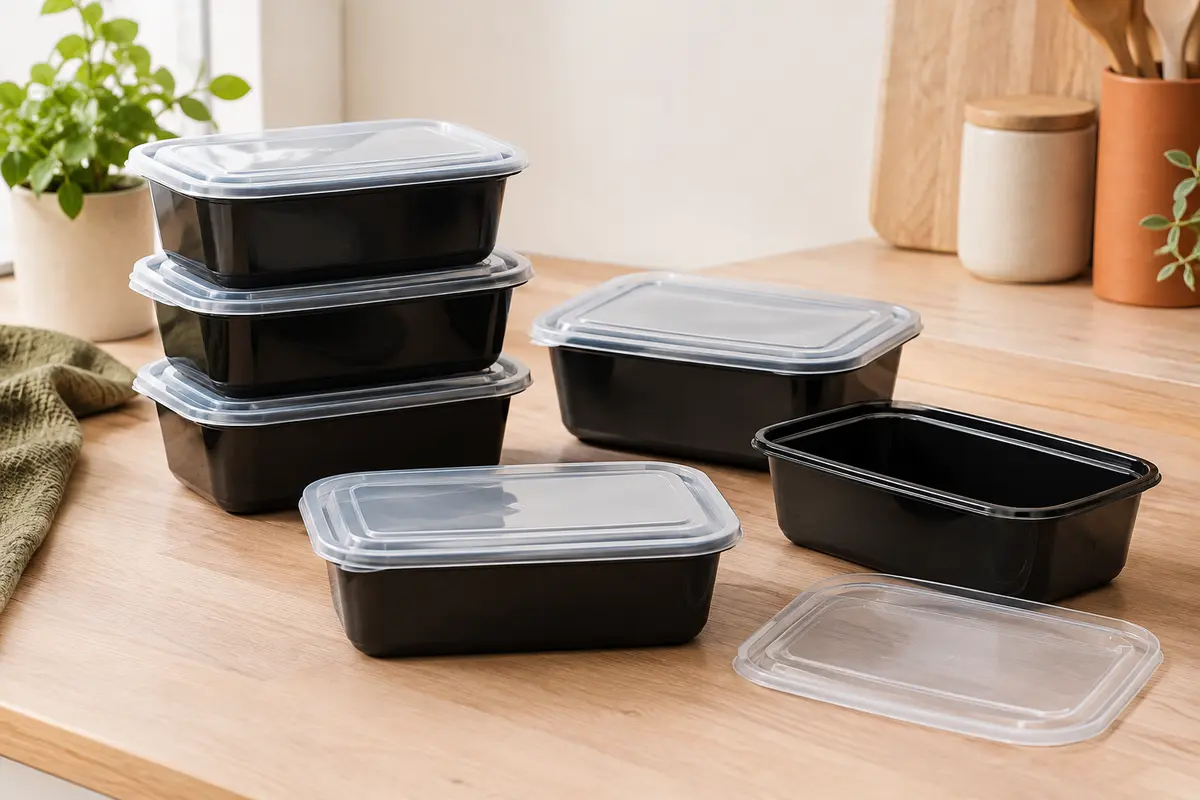 Boîtes à repas réutilisables noires avec couvercles, empilées sur un plan de travail de cuisine